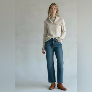 ANN TAYLOR Beige Button Cowl Neck Merino Wool Blend Sweater Large Cozy Soft Warm